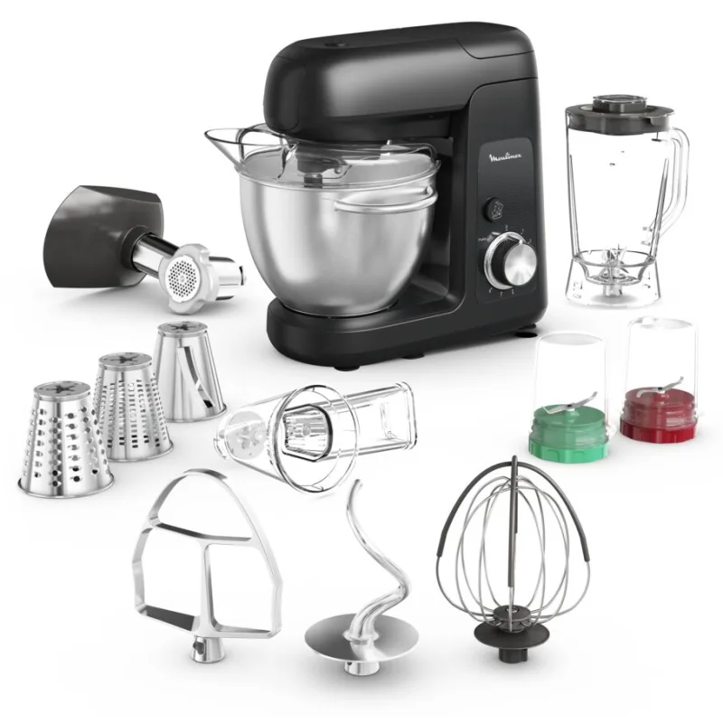 Moulinex Bake Partner, Robot pâtissier, Bol de 4,6 L, Kit pâtisserie, Blender de 1,25 L, Découpe légumes, Broyeur et Hachoir, 1100 W
